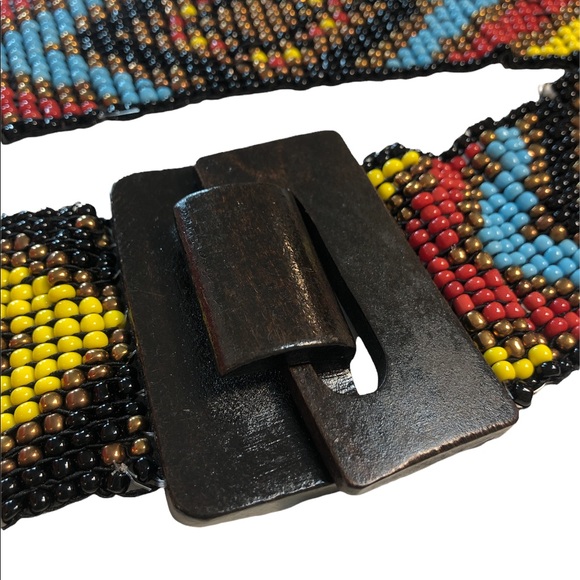 Beaded Belt, Southwestern, Carved Wood Buckle, Adjustable, Elastic, Stretchy - Picture 6 of 17